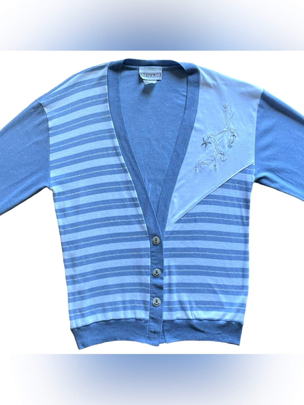 VTG Peter Popovitch XL Ocean Blue Sailor Cardigan Anchor Button Coastal Stitch